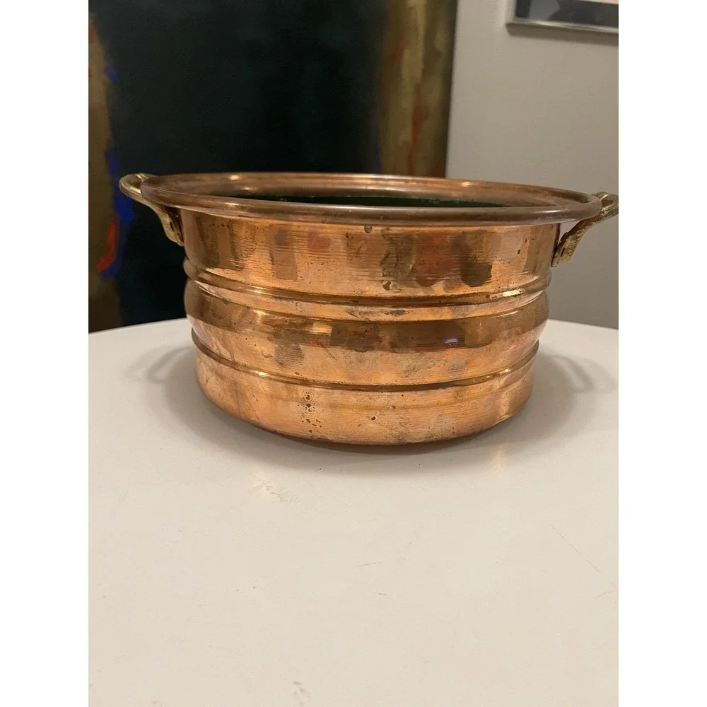 Vintage Copper Planter Cachepot Brass Handles